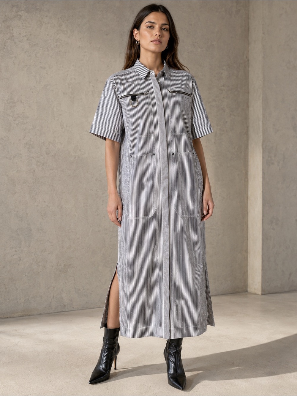 Archival Diesel Pinstripe Utility Maxi Shirt Dress D-Ring Pockets 🖤 Vintage Y2K